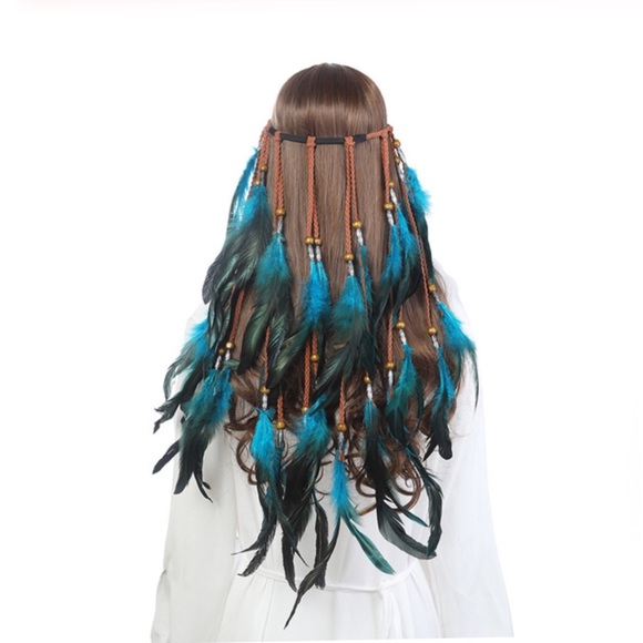 Bohemian Long Blue Feather Headdress Headband - Picture 5 of 14